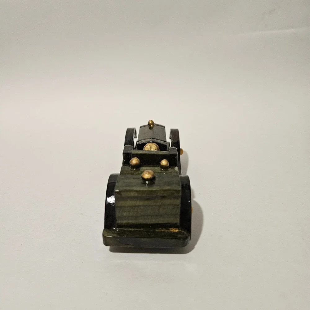 Vintage Style Handcrafted Wooden Roadster Model Car Dark Green Gold Accents